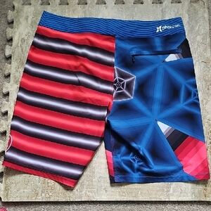 Hurley Blue & Red Geometric-Striped Swim Board Shorts